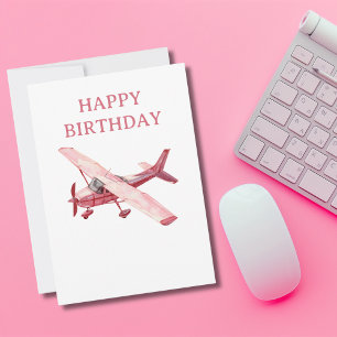 Tarjeta Festiva Cumpleaños divertido de acuarela de avión rosa Ces