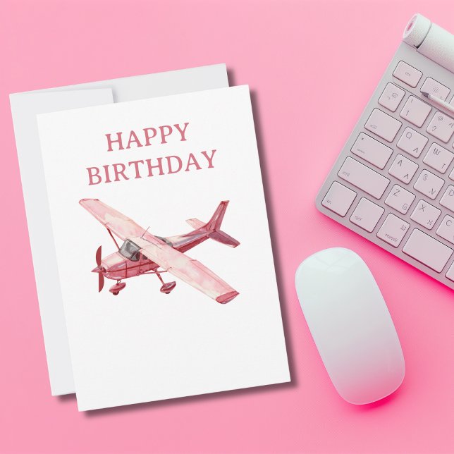 Tarjeta Festiva Cumpleaños divertido de acuarela de avión rosa Ces (Subido por el creador)