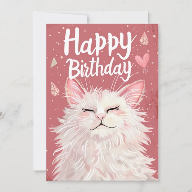 Tarjeta Festiva Cumpleaños Feliz de Gato Blanco (Anverso)