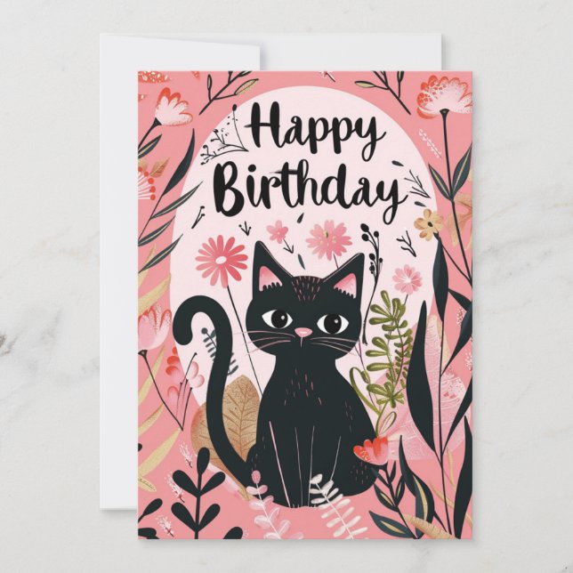 Tarjeta Festiva Cumpleaños feliz de gato negro (Anverso)