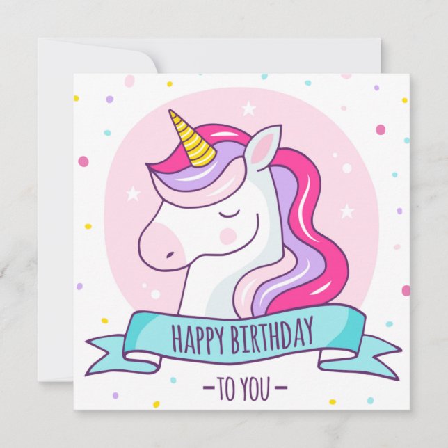 Tarjeta Festiva Cumpleaños Feliz de Unicornio (Anverso)