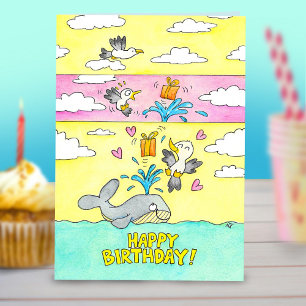 Tarjeta Festiva Cumpleaños Feliz Humor Cómico de Ballena y Gaviota