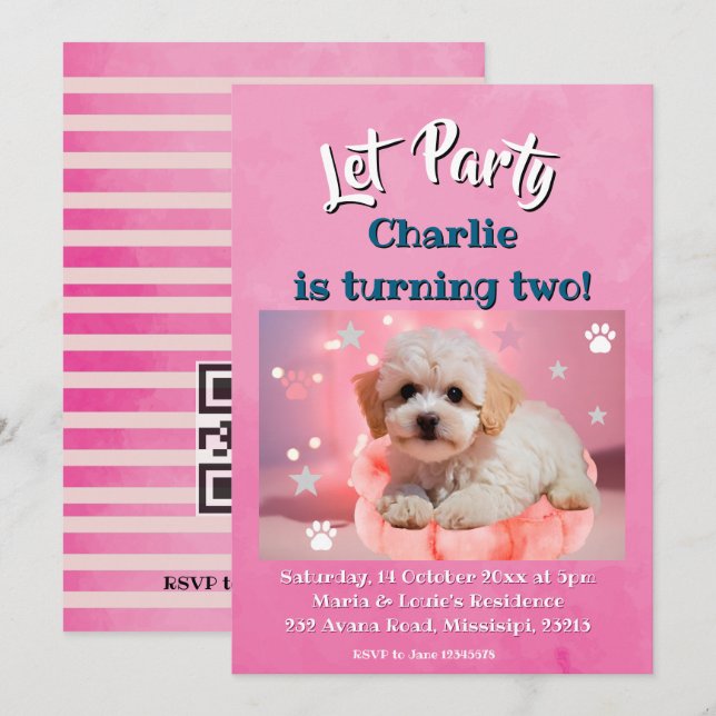 Tarjeta Festiva Cumpleaños Perro Vamos a la Fiesta  (Anverso / Reverso)