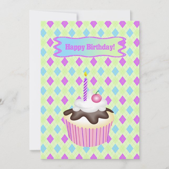 Tarjeta Festiva Cupcake con Cereza, Cumpleaños (Anverso)