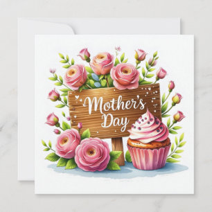 Tarjeta Festiva Cupcake y Rosas para el Día de la Madre