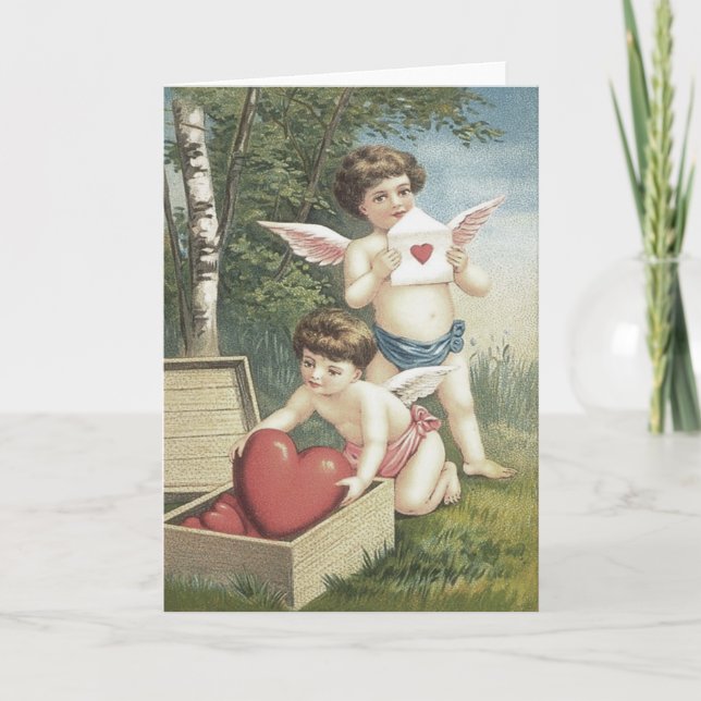 Tarjeta Festiva Cupid Cherub Angel Box Heart Valentine (Anverso)