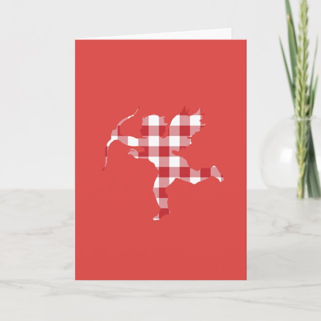 Tarjeta Festiva Cupido de cuadros rojos (Anverso)