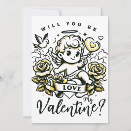 Tarjeta Festiva Cupido del día de San Valentín con rosas amarillas