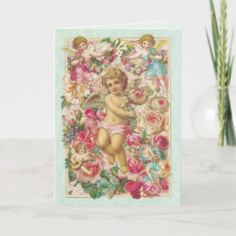 Tarjeta Festiva Cupido victoriano y floral Rosa