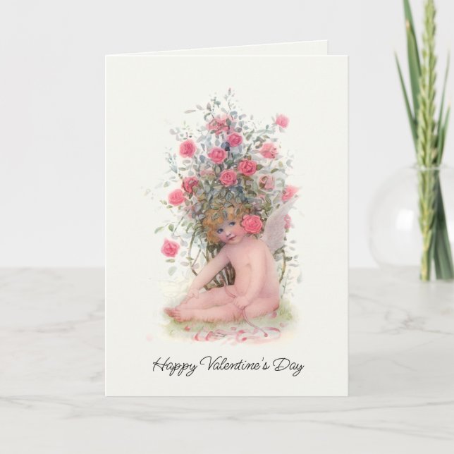 Tarjeta Festiva Cupido vintage con rosas rosadas Valentine (Anverso)