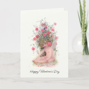 Tarjeta Festiva Cupido vintage con rosas rosadas Valentine