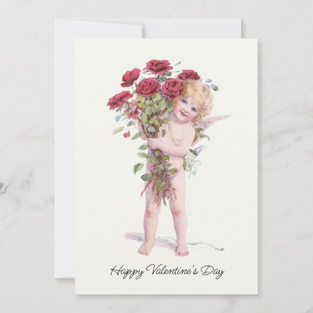 Tarjeta Festiva Cupido y sonriente Valentine Cupido con Rosas (Anverso)