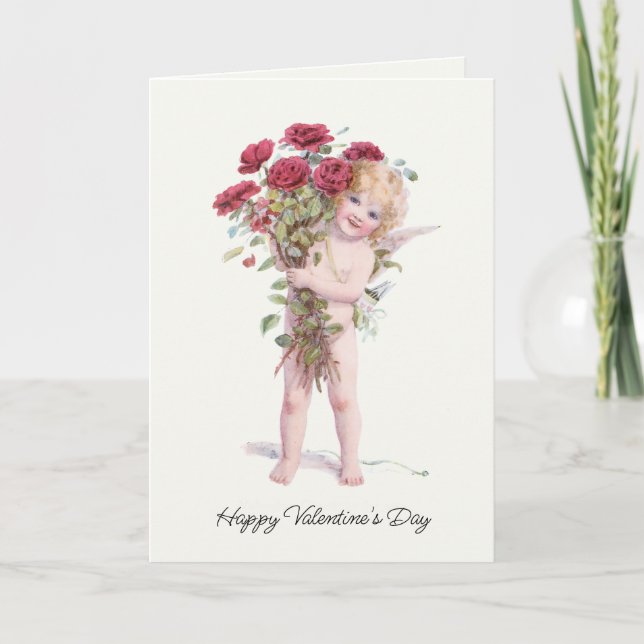 Tarjeta Festiva Cupido y sonriente Valentine Cupido con Rosas (Anverso)