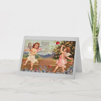 Tarjeta Festiva Cupidos de San Valentín jugando al tenis