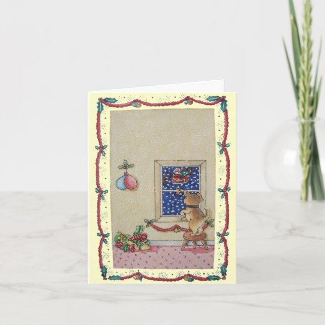 Tarjeta Festiva Curioso adorable cachorro y trineo navideño del pa (Anverso)
