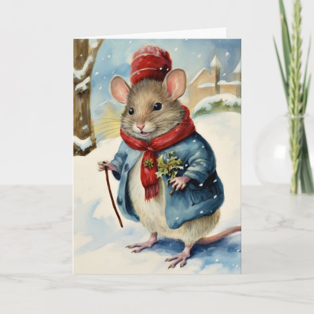 Tarjeta Festiva Curte Divertido Navidades de acuarela Mouse (Anverso)
