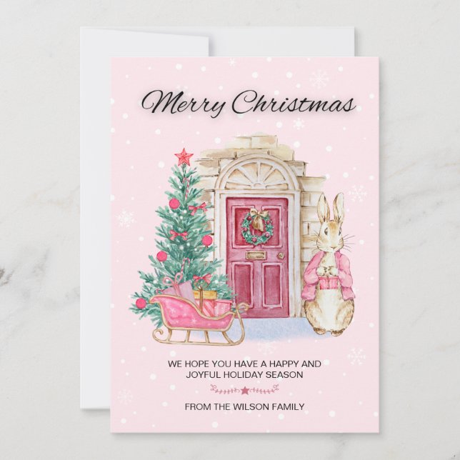 Tarjeta Festiva Curva acuarela Rabbit Merry Christmas Tree (Anverso)