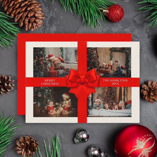 Tarjeta Festiva Custom 4 Photo Elegant Big Red Ribbon Christmas (Elegant Big Red Ribbon Christmas Custom 4 Photo Holiday Card
)