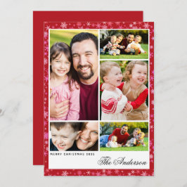 Tarjeta Festiva Custom 5-Photo Red Snowflake Christmas Flat Card