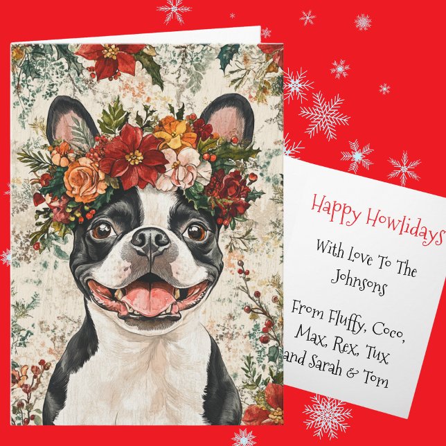 Tarjeta Festiva Custom Boston Terrier Christmas Floral Crown (Subido por el creador)