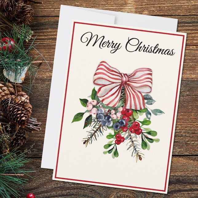 Tarjeta Festiva Custom, Bow Berries & Foliage Flat Christmas Card (Subido por el creador)