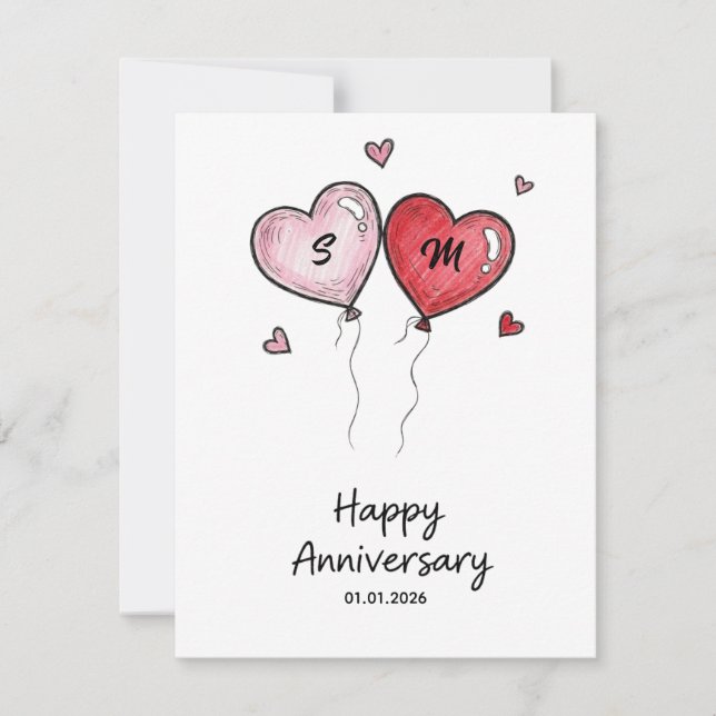 Tarjeta Festiva Custom Couple Anniversary Card Watercolor Hearts (Anverso)