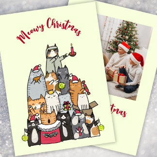 Tarjeta Festiva Custom Cute Meowy Christmas Cartoon Cats Photo