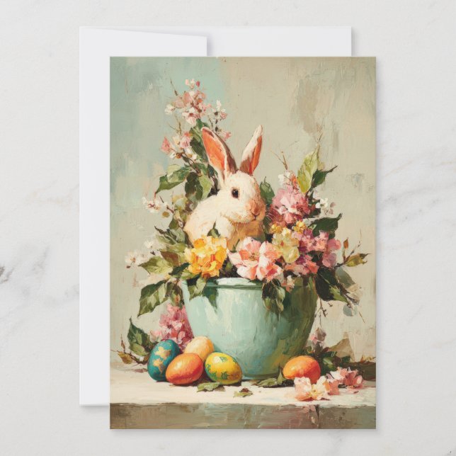 Tarjeta Festiva Custom Easter Card with Flowers and Easter Bunny (Anverso)