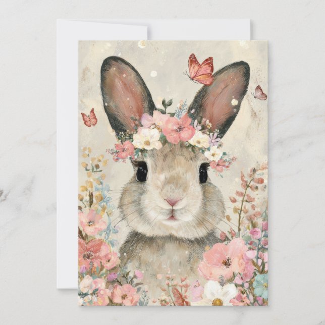 Tarjeta Festiva Custom Easter Card with Flowers and Easter Bunny (Anverso)