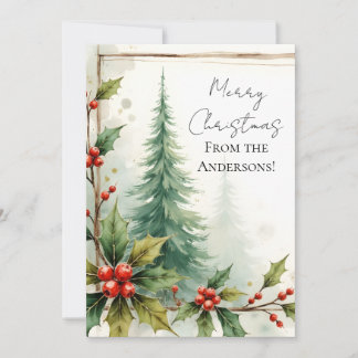 Tarjeta Festiva Custom Elegant Holly Pine Christmas Card