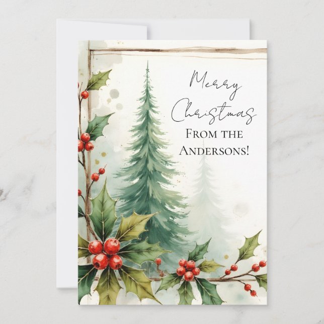 Tarjeta Festiva Custom Elegant Holly Pine Christmas Card (Anverso)