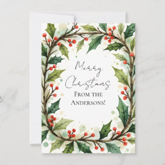 Tarjeta Festiva Custom Elegant Holly Pine Christmas Card