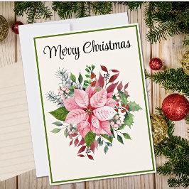 Tarjeta Festiva Custom Elegant Pink Poinsettia Flat Christmas Card