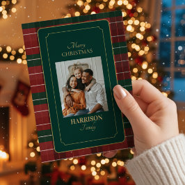 Tarjeta Festiva Custom Elegant Tartan Plaid Family Photo Christmas