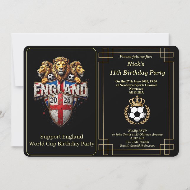 Tarjeta Festiva Custom England Soccer Team 3 Lions Birthday Invite (Anverso)