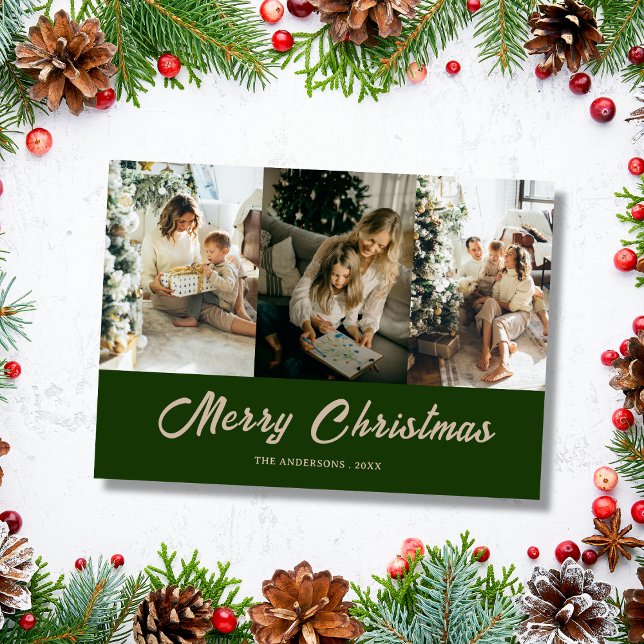 Tarjeta Festiva custom family photo green merry christmas Card (Subido por el creador)