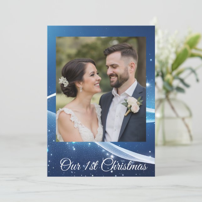 Tarjeta Festiva Custom First Christmas Photo Card for Couples (Anverso de pie)