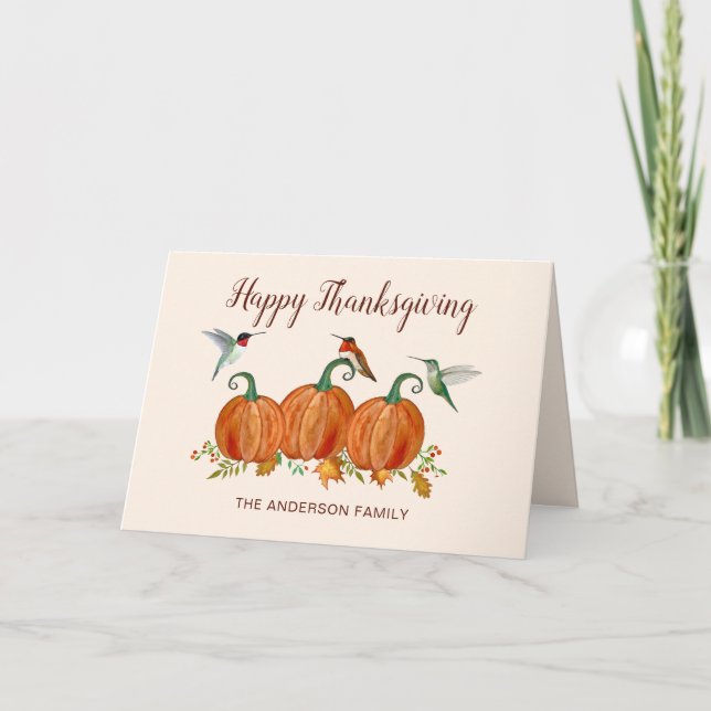 Tarjeta Festiva Custom Hummingbirds and Pumpkin Thanksgiving (Anverso)