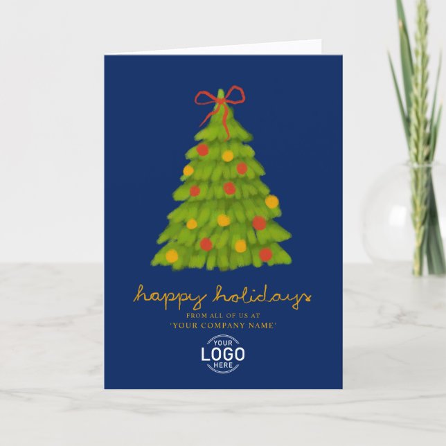 Tarjeta Festiva Custom Logo Christmas Tree Navy Blue Business (Anverso)