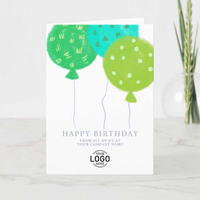 Tarjeta Festiva Custom Logo Green Balloons Business Birthday Card (Anverso)