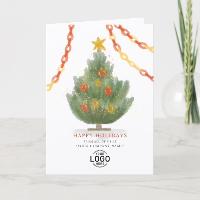 Tarjeta Festiva Custom Logo Vintage Christmas Tree Business (Anverso)