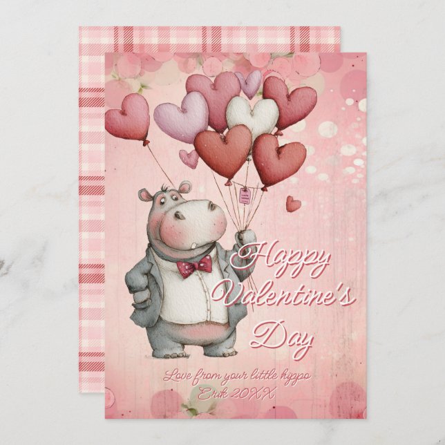 Tarjeta Festiva Custom Message Hippo Animal Valentines Day (Anverso / Reverso)