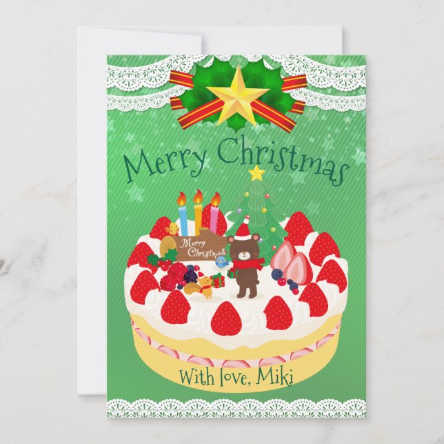 Tarjeta Festiva  Custom Modern Cute Christmas Cake Bear Green (Anverso)