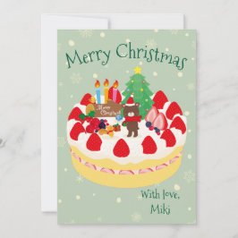 Tarjeta Festiva  Custom Modern Cute Christmas Cake Bear Moss Green