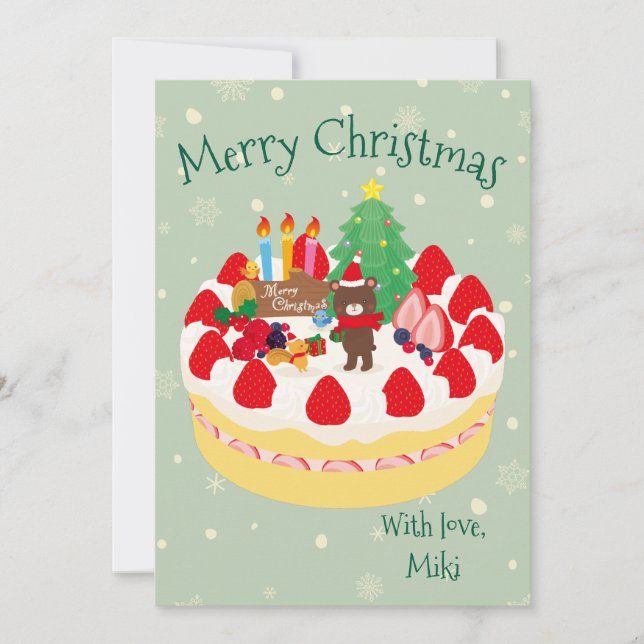 Tarjeta Festiva  Custom Modern Cute Christmas Cake Bear Moss Green (Anverso)