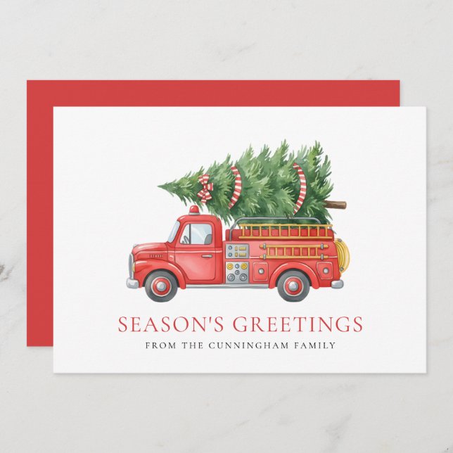 Tarjeta Festiva Custom Modern Firefighter Christmas Fire Truck  (Anverso / Reverso)