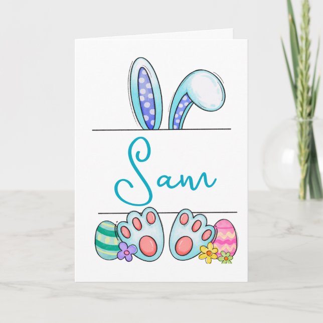 Tarjeta Festiva Custom Name Blue Easter Bunny  (Anverso)