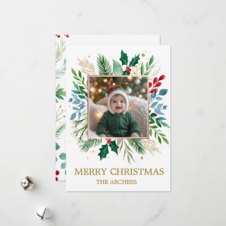 Tarjeta Festiva Custom Photo Merry Christmas Watercolor Botanical 