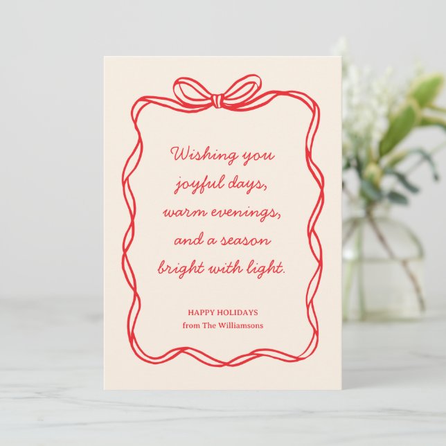 Tarjeta Festiva Custom Red Bow No Photo Christmas Letter Message (Anverso de pie)