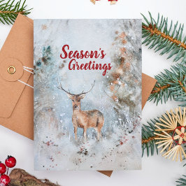Tarjeta Festiva Cuta acuarela bebé reno bosque de invierno nevado